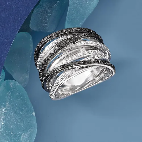Vista 4 de Ross-Simons 0.30 ct. t.w. Black and White Diamond Highway Ring in Sterling Silver