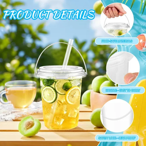 Vista 2 de Paquete de 15 cubos de ron de plástico de 34 onzas para bebidas Disposable Clear Cups With Handles for Cocktails, Iced Coffee, Smoothies