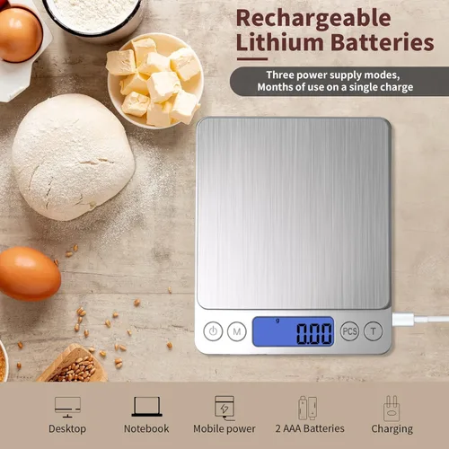 Vista 2 de Báscula digital de gramos, 35.27 oz/0.00 oz, báscula para alimentos y gramos, báscula de cocina con carga USB mejorada para cocinar, hornear