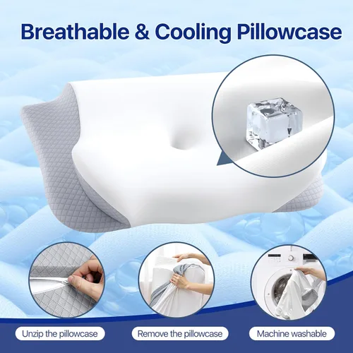Vista 7 de Almohada cervical de espuma viscoelástica para el cuello - Almohada cervical ergonómica contorneada para durmientes laterales, de espalda y sobre