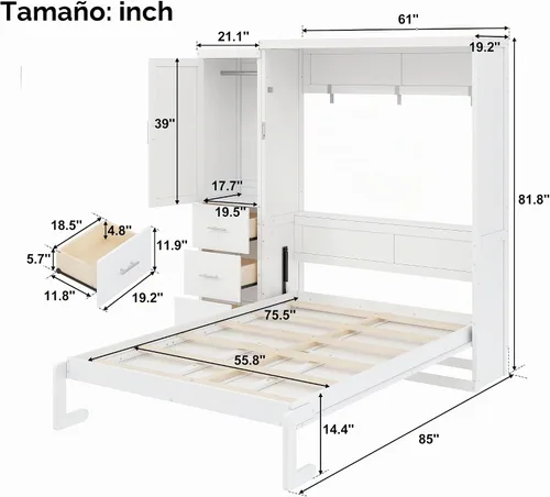 Vista 2 de Cama Murphy de tamaño matrimonial con armario de almacenamiento, ropa y 3 Blanco