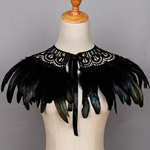 Vista 5 de L'VOW Real Negro Pluma Arnés Collar Collar Collar Babero Halloween