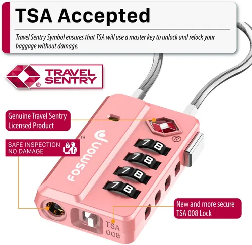 Vista 2 de Fosmon Cerraduras de equipaje aprobadas por la TSA para equipaje y maleta, mini cerraduras de cable largo con 4 combinaciones e interruptor de fácil