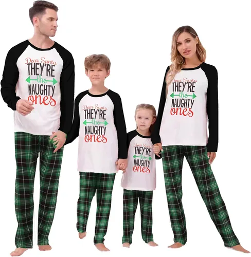 Vista 37 de Awoscut - Conjunto de pijamas navideños a juego, con estampado en la parte superior y pantalones a cuadros #B-7