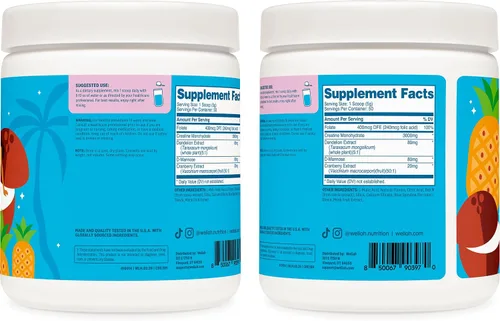Vista 3 de Wellah Creatina para mujer (50 porciones) Blue Hawaii - 0.11 onzas de monohidrato de creatina en polvo con diente de león y extracto de arándano