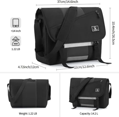 Vista 6 de OIWAS Bolsa tipo mensajero para hombre, 14 pulgadas, bolsa cruzada para computadora portátil, bolsa de hombro, bolsa de hombro para universidad