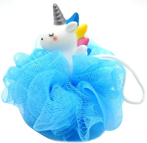 Vista 5 de Pelotas de baño con diseño de unicornio para niños y niñas, de malla, puf, esponja de baño exfoliante, limpiador corporal, accesorios de baño