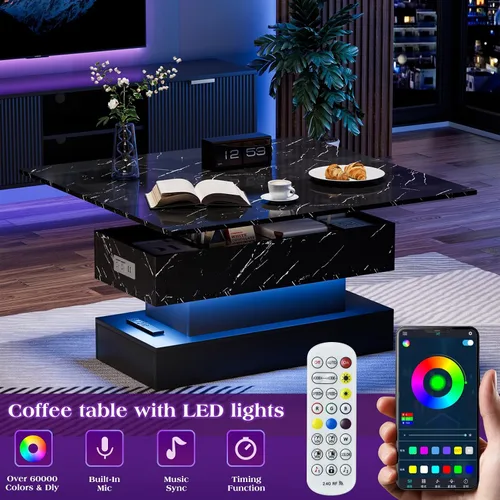 Vista 4 de SYESWAY Mesa de Centro Elevable de 39.4" con Estación de Carga, Mesa de Centro Multifuncional 4 en 1 con Almacenamiento y Compartimentos Ocultos
