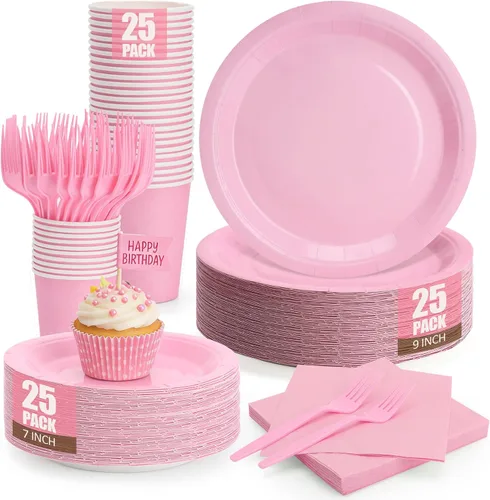 Vista 25 de Platos y servilletas de papel negro, platos desechables para fiestas, incluye platos de 7 y 9 pulgadas, tazas, servilletas, tenedores, suministros