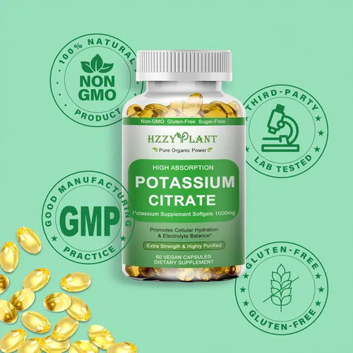 Vista 5 de Cápsulas blandas de suplemento de potasio, citrato de potasio de alta absorción, 1000 mg para equilibrio electrolítico muscular, corazón y soporte