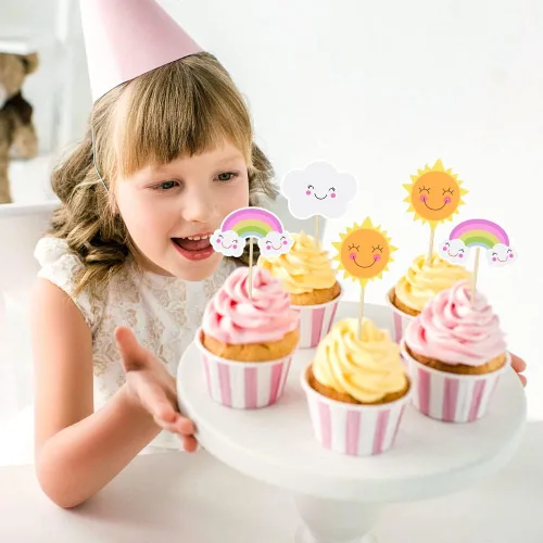 Vista 2 de Decoración para cupcakes con temática de sol y arco iris, 36 piezas de decoración de pastel temático de sol sonriente para cumpleaños, baby shower