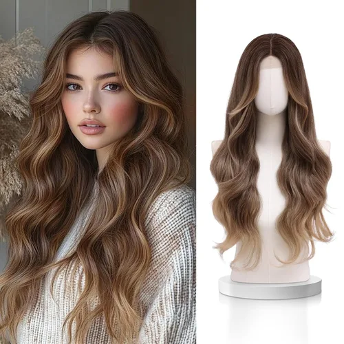 Vista 22 de VERNA - Peluca rubia con flequillo, peluca sintética de aspecto natural, rizada, ondulada de 26 pulgadas, resistente al calor, estilo de parte media