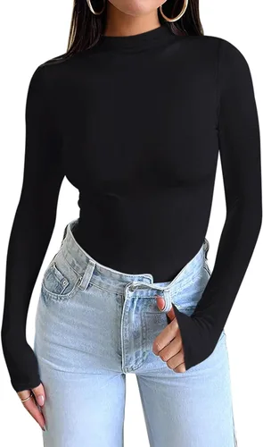 Vista 3 de PINKMSTYLE Camiseta de manga larga con cuello alto falso y doble forro para mujer, ropa interior térmica ajustada para otoño