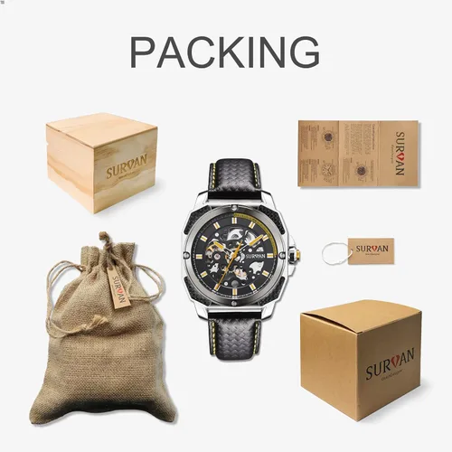 Vista 6 de SURVAN WatchDesigner Automatic Watch for Men Sapphire Crystal Mechanical Skeleton Wrist Watch Leather Strap