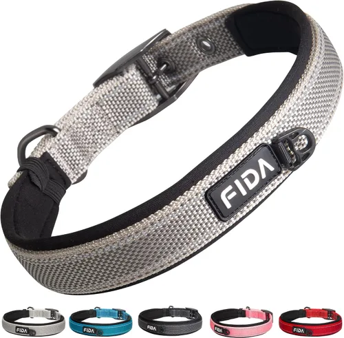 Vista 17 de Fida Collar para perro de alta resistencia, acolchado de neopreno suave ultra cómodo, collar de nailon reflectante ajustable para mascotas con Negro