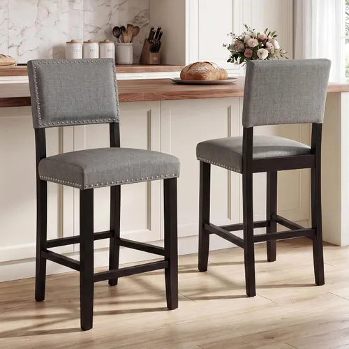 Vista 12 de LSSBOUGHT Taburete de bar tapizado de tela de lino con patas de madera de goma, silla de bar con ribete clavado para isla de cocina