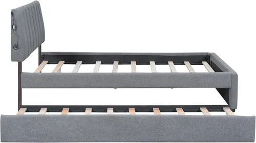 Vista 6 de P PURLOVE Cama de plataforma tapizada de tamaño matrimonial con nido, marco de cama tapizado con luces LED, cama de plataforma de vellón de peluche