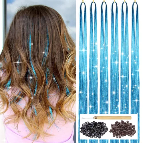 Vista 19 de Kit de oropel de cabello negro con herramienta, 6 piezas, 1200 hebras de extensiones de cabello de oropel con purpurina, resistentes al calor
