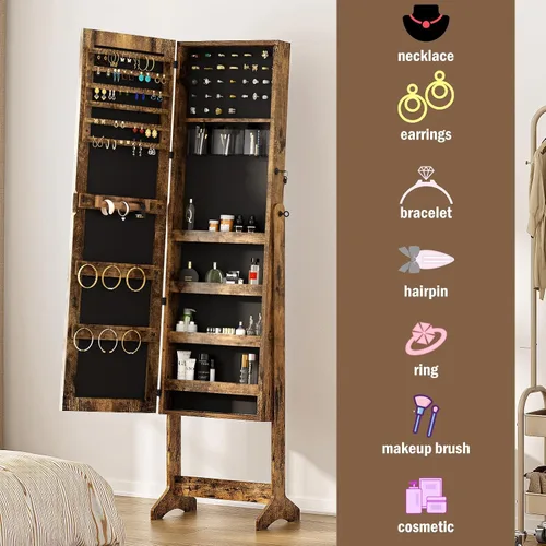 Vista 5 de SDHYL Armario de almacenamiento de joyas con espejo, espejo de cuerpo entero, cajas de joyería y organizadores de madera, almacenamiento