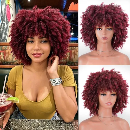 Vista 19 de Vitorish Peluca corta afro rizada con flequillo para mujeres negras, peluca sintética resistente al calor, color negro natural, para uso diario