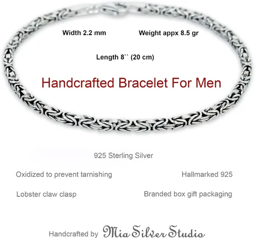 Vista 7 de Pulsera bizantina de plata de ley 925 para hombres y mujeres, pulsera de cadena de mano de eslabones oxidados que no se deslustra, 0.087 in, 8
