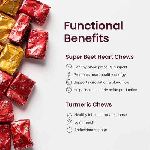 Vista 3 de Humann SuperBeets Masticables para el Corazón y Masticables de Cúrcuma, Suplemento de Remolacha y Cúrcuma, Complejo de Curcumina de Alta Absorción