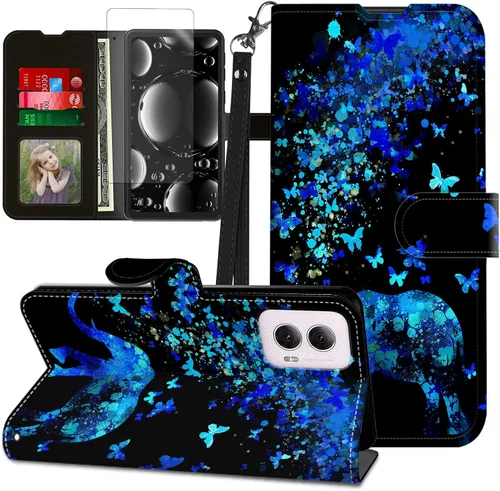 Vista 147 de Funda para Motorola Edge 2022 con protector de pantalla, soporte y tarjetero y correa para la muñeca, funda magnética para Moto Edge 2022 5G UW Lobo