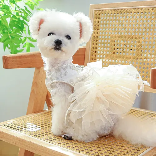Vista 5 de Vestidos tutú para perro, vestido de novia de encaje para cachorro, vestido de verano suave y transpirable para perro, trajes de algodón