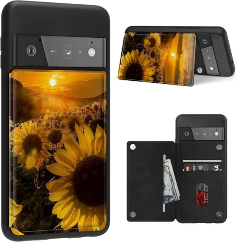 Vista 33 de Funda para Google Pixel 6 Pro con ranura para tarjetero, funda de piel sintética, doble cierre magnético y cubierta duradera de poliuretano girasol