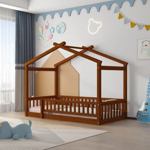 Vista 16 de Cama con dosel con valla, moderna cama de plataforma de madera maciza con cabecera y soporte de listones, moderna cama con paneles de 4 carteles Gris