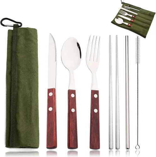Vista 9 de JASHII Juego de cubiertos de acero inoxidable 304 con mango de madera, juego de cubiertos de madera para viaje, cuchillo de campamento, tenedor