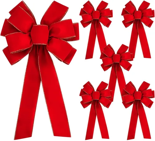 Vista 9 de Iceyyyy 2 lazos grandes de Navidad, 35.4 x 17.1 pulgadas, lazos de terciopelo rojo con bordes dorados, adornos para decoración de árbol de Navidad
