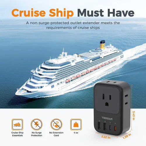 Vista 5 de TESSAN Bloque de cargador USB C de 20 W PD, adaptador de carga rápida con enchufe plegable, extensor de toma de corriente de 1875 W (4 CA y 4 USB)