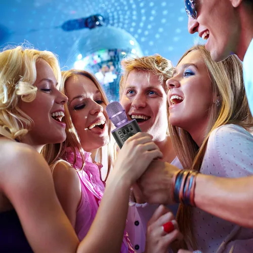 Vista 10 de Micrófono de karaoke inalámbrico Bluetooth con altavoces incorporados + grabación HD, micrófono portátil de mano Lila