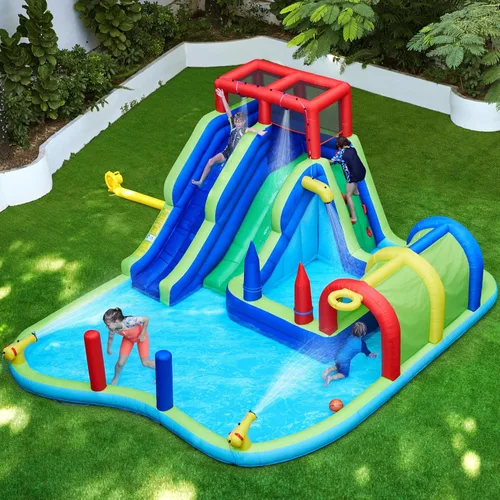 Vista 2 de Tobogán acuático inflable de Yaheetech, ventilador combinado 650W del tobogán acuático del carril doble w/Long Tunnel & Climbing Wall & Punching