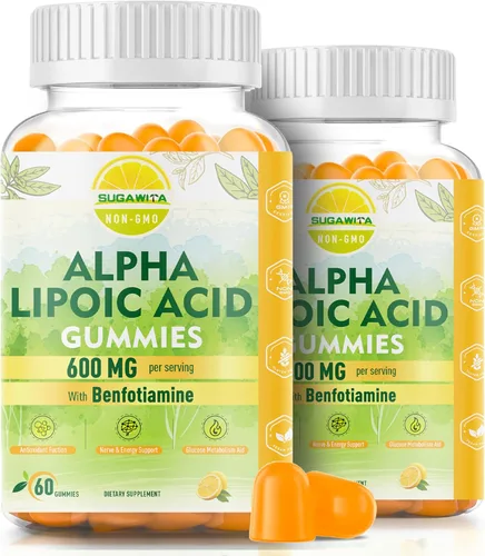 Vista 8 de Ácido R-alfa lipoico puro de 600 mg con benfotiamina para apoyo nervioso, apoyo antioxidante, suplemento ALA Gomitas de ácido alfa lipoico