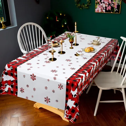 Vista 3 de Mantel de Mesa Feliz Navidad de Plástico a Cuadros Buffalo Mantel Rojo y Negro a Cuadros Copo de Nieve Mantel Rectangular Cubierta de Mesa Navideña