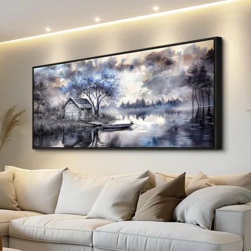 Vista 9 de ERQINHUA Arte de pared para sala de estar, lienzo decorativo de pared para dormitorio, oficina, decoración con árbol azul, paisaje junto al lago