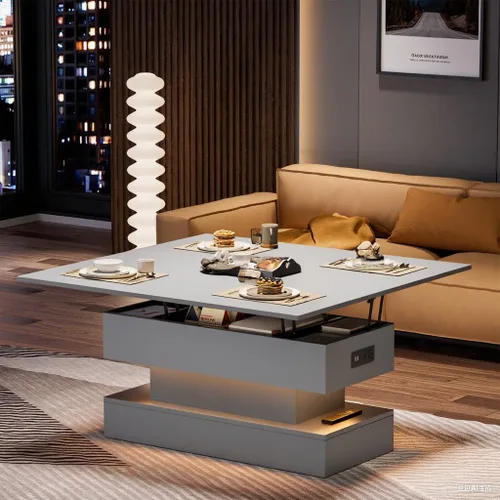 Vista 14 de SYESWAY Mesa de Centro Elevable de 39.4" con Estación de Carga, Mesa de Centro Multifuncional 4 en 1 con Almacenamiento y Compartimentos Ocultos