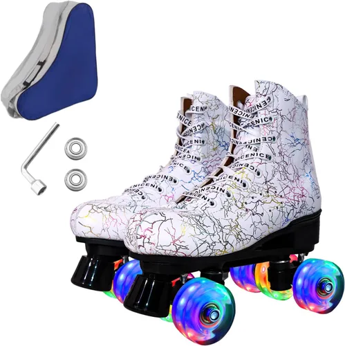 Vista 8 de Patines de ruedas para hombres y mujeres, patines Derby negros con 4 ruedas brillantes, patines clásicos de doble fila para interiores y exteriores