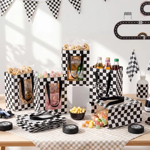 Vista 3 de Harloon 24 Pcs Racing Car Paper Gift Bags with Clear Transparent Window, Checkered Flag Treat Party Favor Bags with Handles for Race Car Birthday