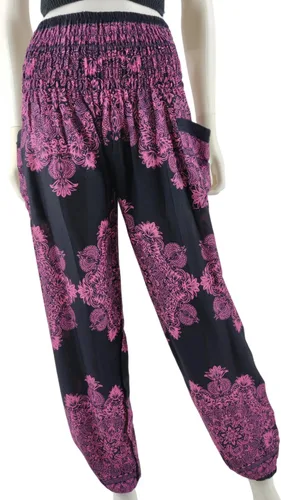 Vista 4 de Kraft4Life Pantalones harén de yoga con cintura fruncida para mujer, estilo bohemio, bohemio, hippie, 2 bolsillos