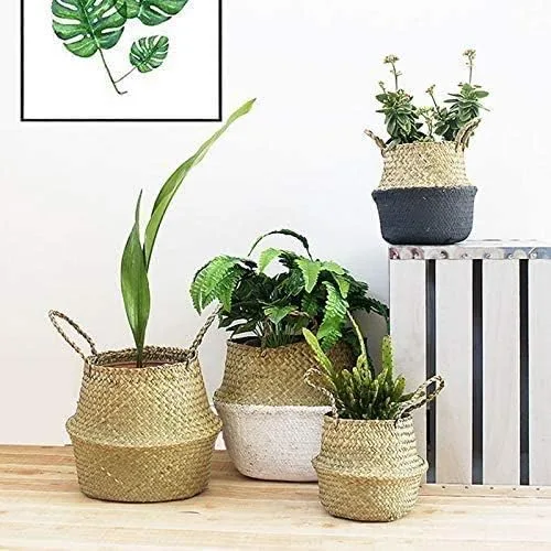 Vista 4 de INSO Cesta tejida natural para el vientre, para pícnic y comestibles. Cesta plegable de almacenamiento de algas marinas con asas para plantas Negro