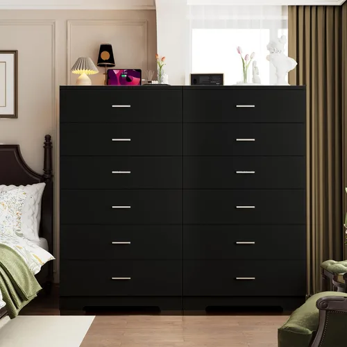 Vista 8 de Cómoda de 48" de alto para dormitorio, cómoda de madera con 6 cajones con tomas de corriente, cómoda con gran espacio de almacenamiento y asas