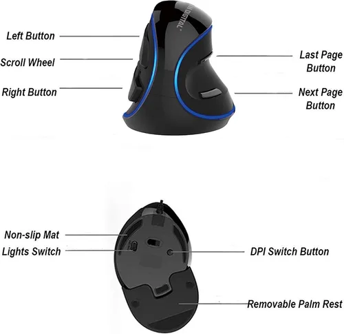 Vista 3 de J-Tech Digital Ratón USB Vertical Ergonómico con Cable con Sensibilidad Ajustable (600/1000/1600 DPI), Resistencia de Desplazamiento, Reposamuñecas
