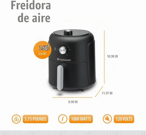 Vista 2 de Toastmaster - Freidora de aire compacta de 2,6 L con cesta deslizante Freidora de aire compacta de 2.75 cuartos de galón para una cocción saludable