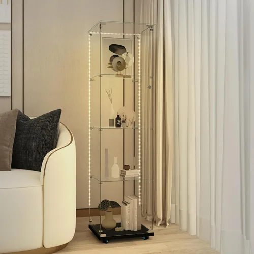Vista 10 de Armario esquinero de cristal templado con 4 estantes de 64 pulgadas de alto, gabinete de licor de 5 lados con luces LED, bloqueo y pies ajustables