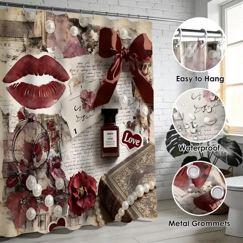 Vista 3 de DDQQ Juego de 4 Piezas de Cortina de Ducha de Labios Sexy para Mujeres con Lazo de Perlas, Juego de Decoración de Baño, Cortinas de Baño de Perfume