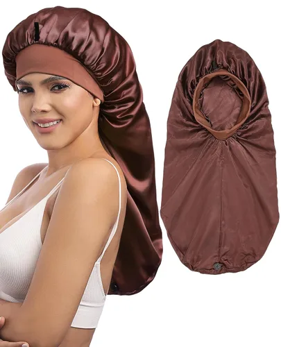 Vista 13 de AWAYTR Gorro largo de satén para mujer, gorro de seda de 2 capas para trenzas, gorro de dormir elástico con gorro de noche de banda ancha (negro)
