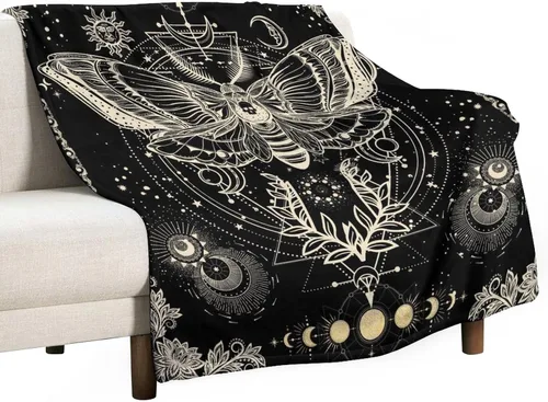 Vista 25 de Manta gótica de franela de polilla abstracta, mágica, bohemia, mariposa, esqueleto, luna, estrellas, manta estética para hombres, mujeres, niñas
